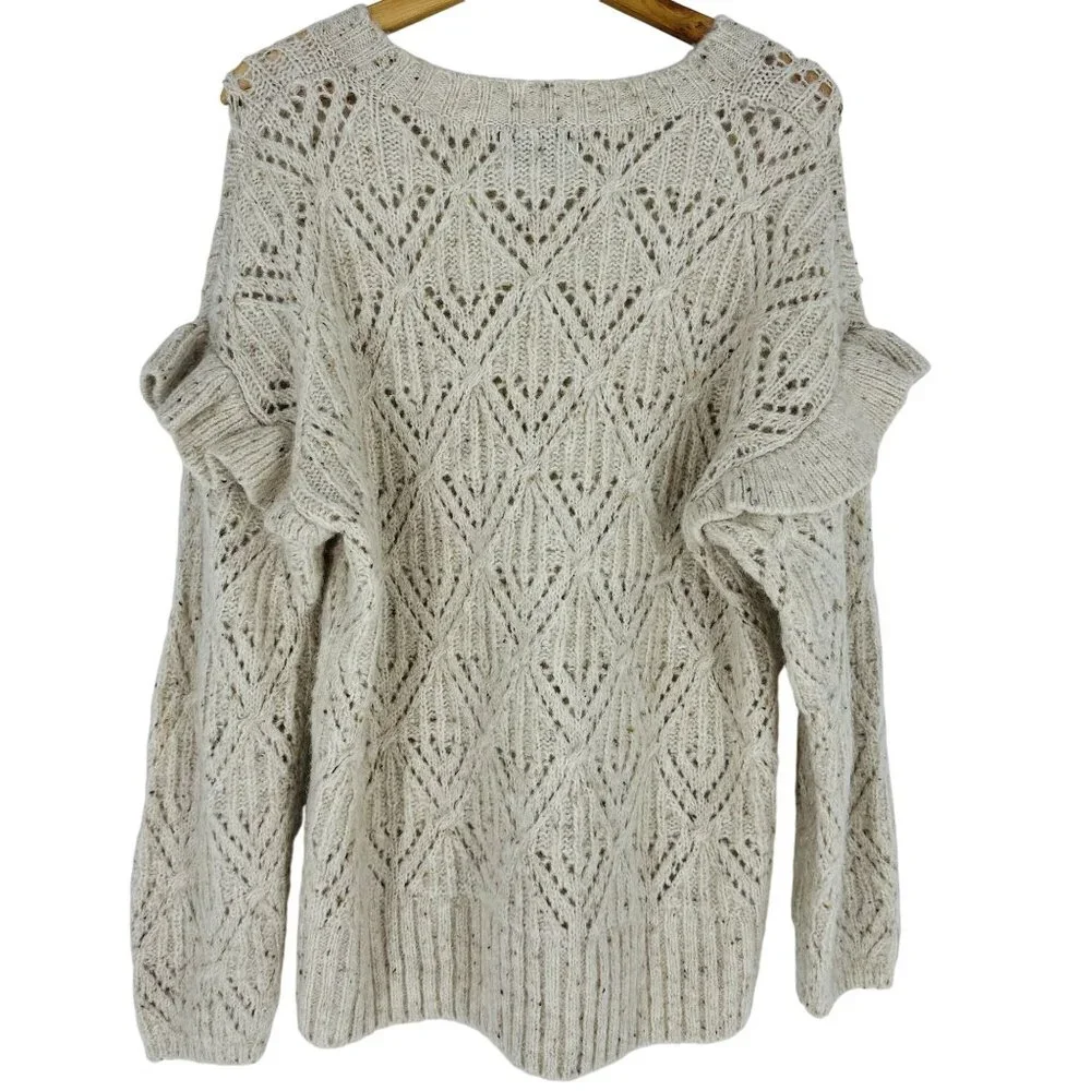 Old Navy Beige Ruffle Trim Pointelle Crew Neck Long Sleeve Cozy Knit Sweater L - Picture 5 of 10